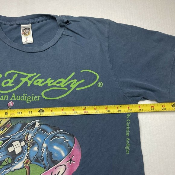 Vintage Y2K Ed Hardy T Shirt All Over Print Blue Green Size L - Picture 8 of 9